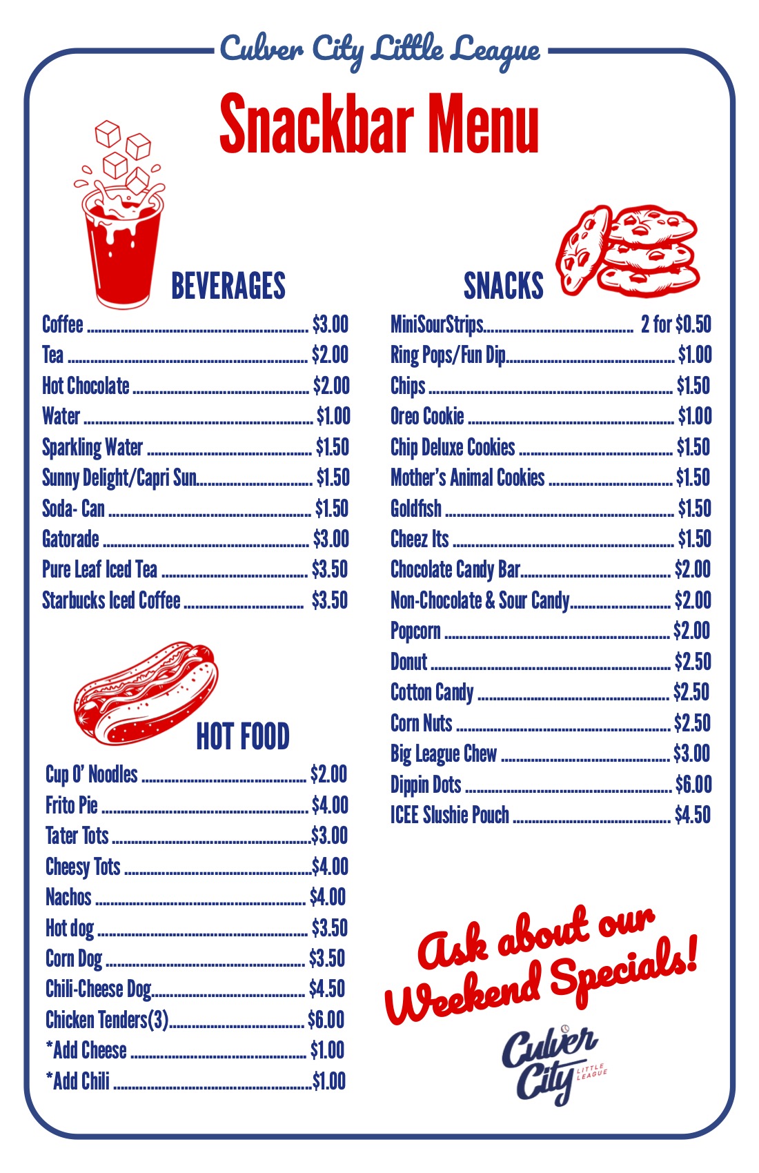2026 CCLL Snack Bar Menu