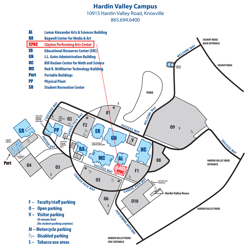 Pellissippi College Hardin Valley Campus Map showing Clayton Performing Arts Center (CPAC)