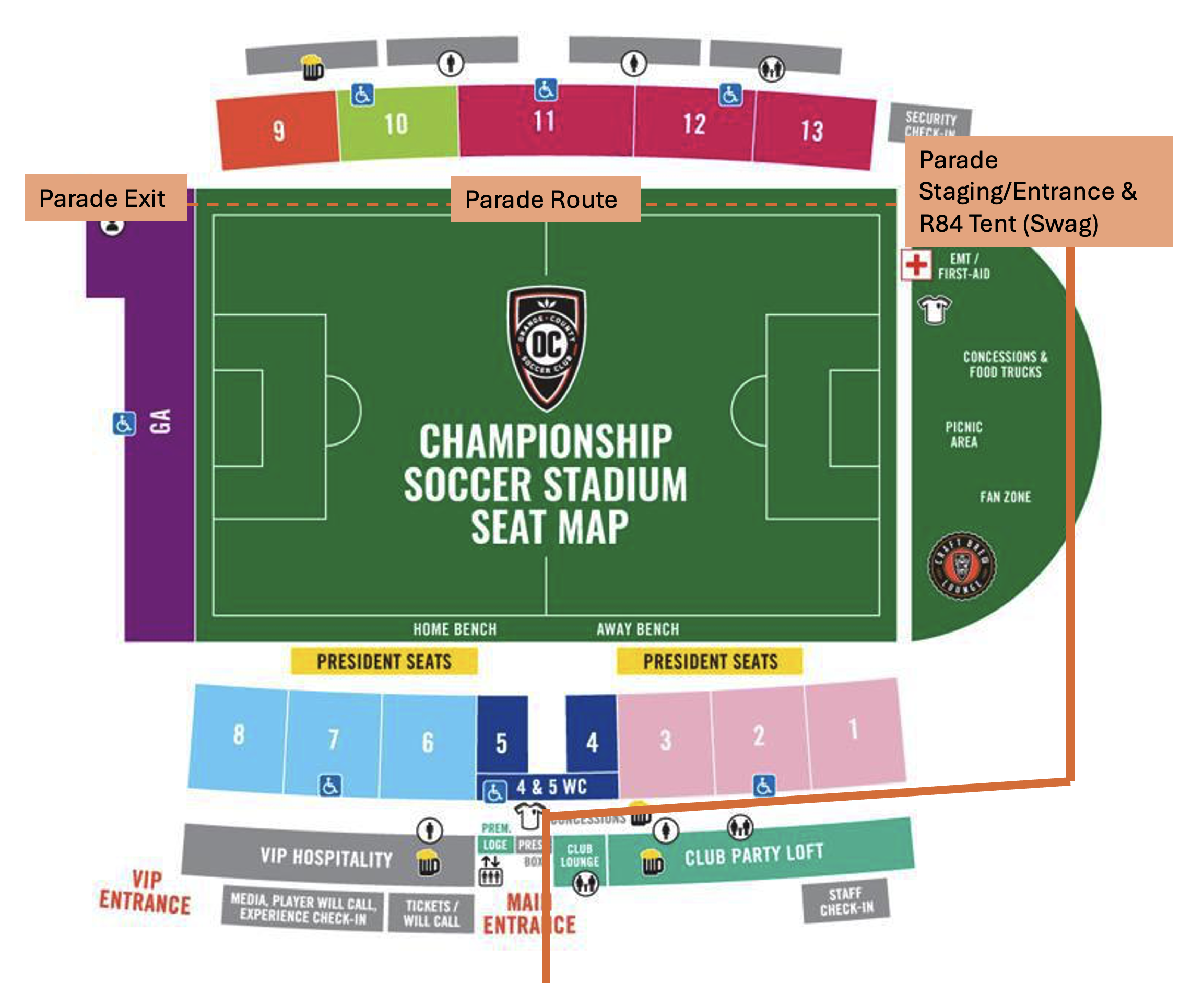 Map of OCSC Stadium showing R84 tent and parade staging area