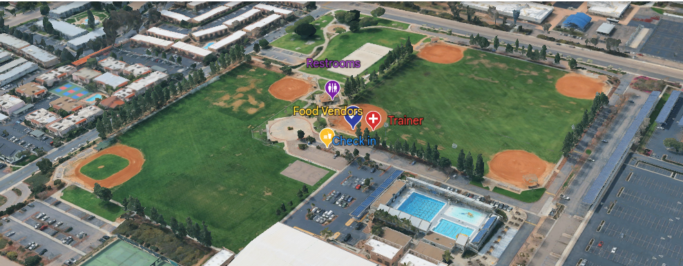 Hourglass Fields map showing restrooms, food vendors, check-in, and trainer area