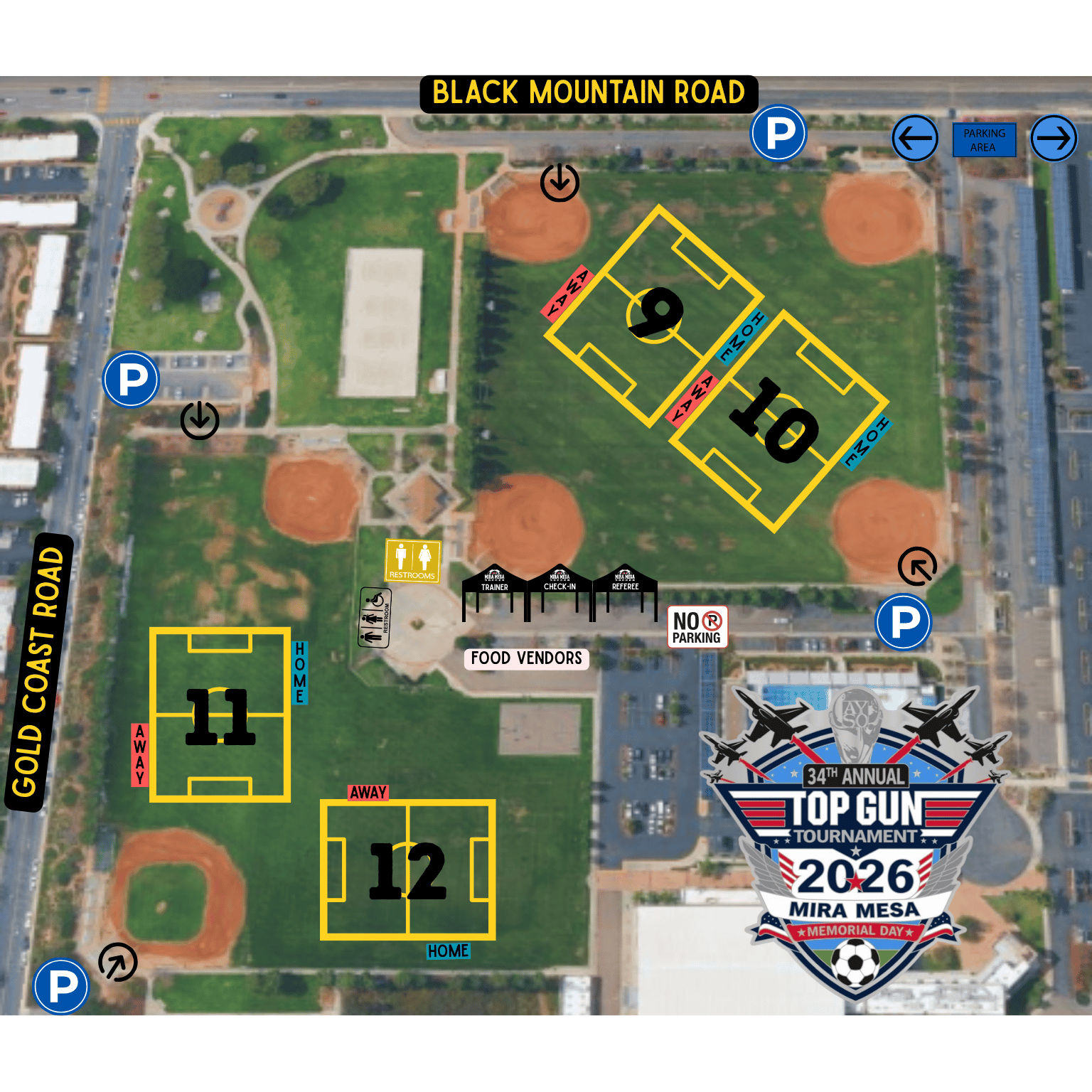Hourglass field map for the 2026 Top Gun Tournament showing fields, home and away sidelines, check-in, referee area, trainer, restrooms, food vendors, and parking access