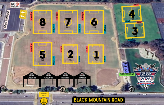 Wangenheim field map for the 2026 Top Gun Tournament showing fields, home and away sidelines, check-in, referee area, trainer, concessions, food vendors, and parking access