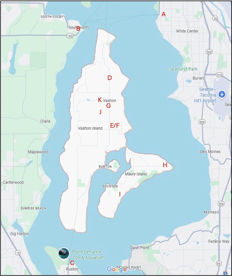 Map of Vashon Island with labeled landmarks