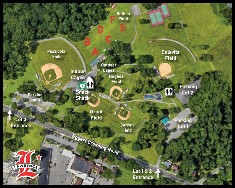Map of Lawrence Central Park showing parking lots and field positions