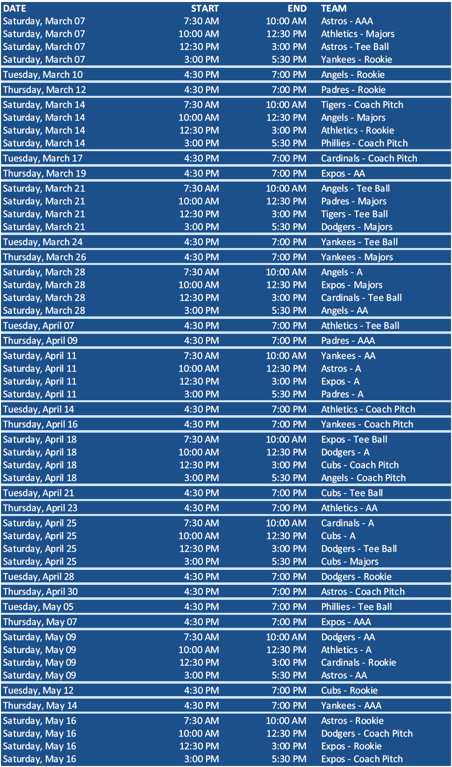 Snack Bar Team Schedule