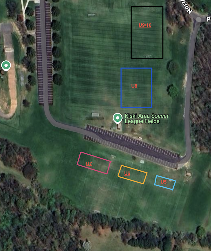 KASL Field Layout at Northmoreland Park Upper Soccer Fields - Shows field positions and age group assignments