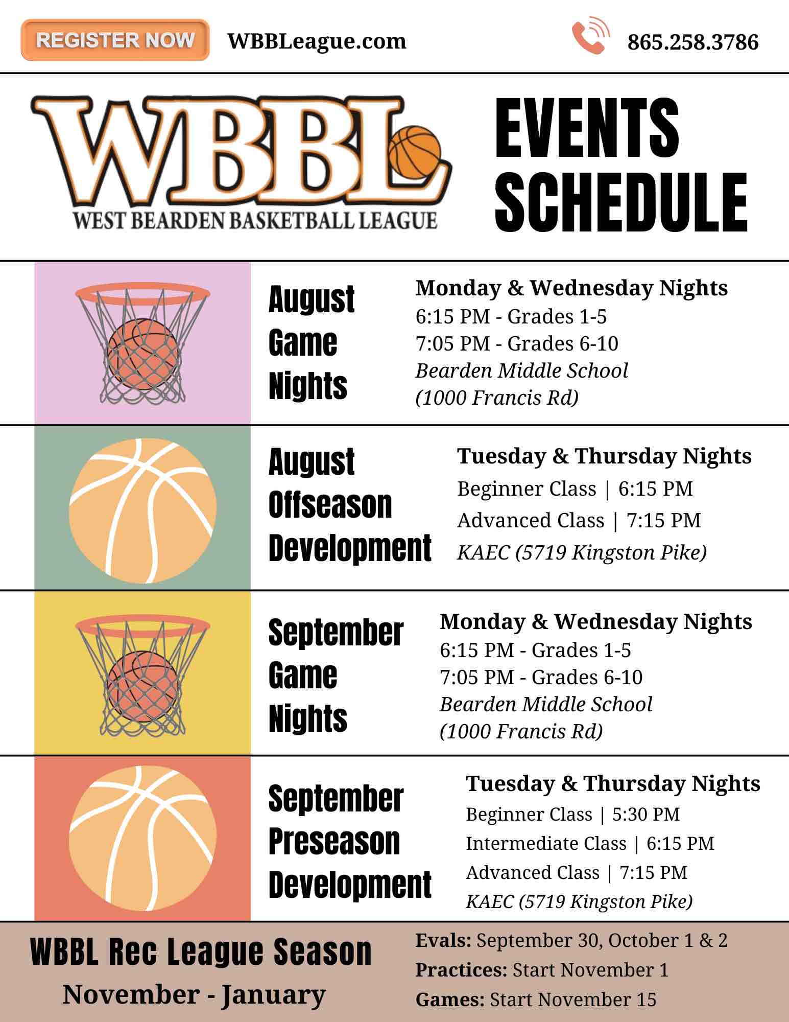WBBL Events Schedule Flyer