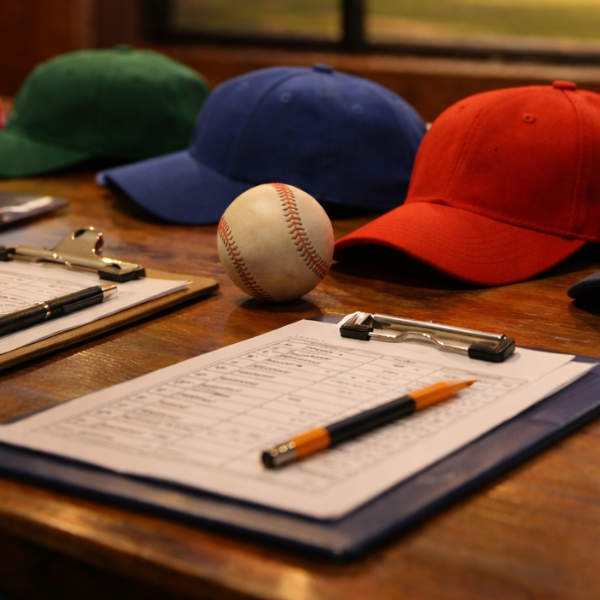 hats and clipboards on a table